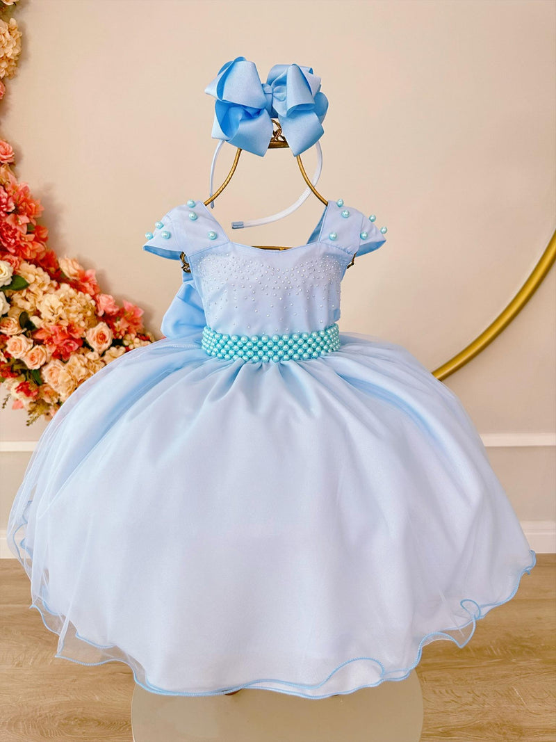 Vestido Infantil Azul Saia Organza e Busto C/ Strass Luxo