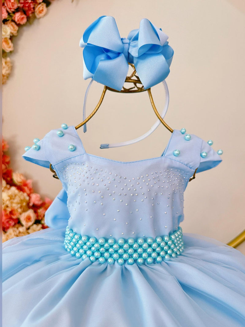 Vestido Infantil Azul Saia Organza e Busto C/ Strass Luxo