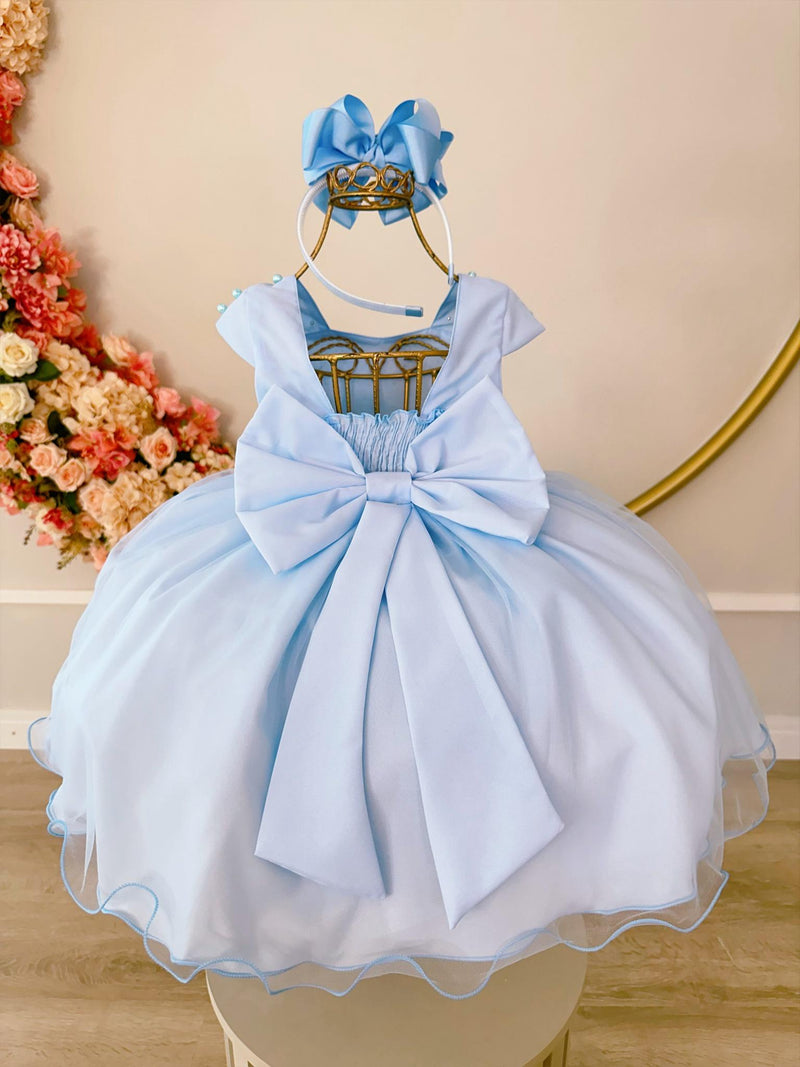 Vestido Infantil Azul Saia Organza e Busto C/ Strass Luxo