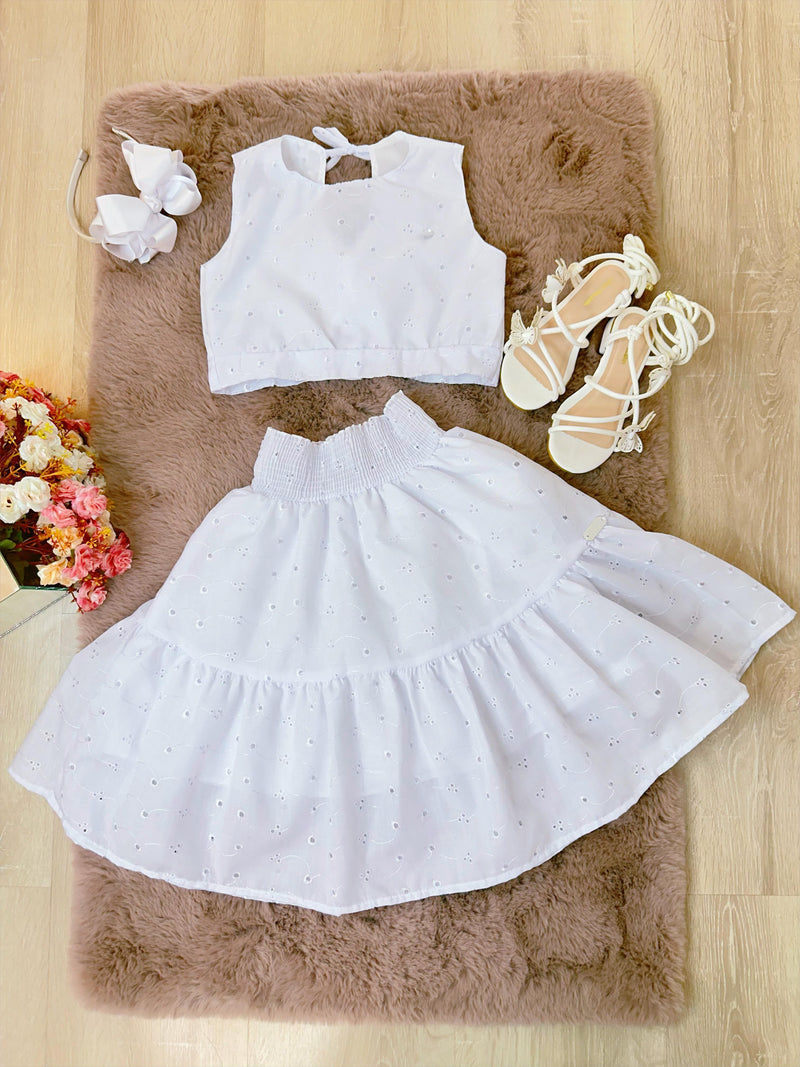 Conjunto Meninas Branco Cropped e Saia Mid Bordado Luxo