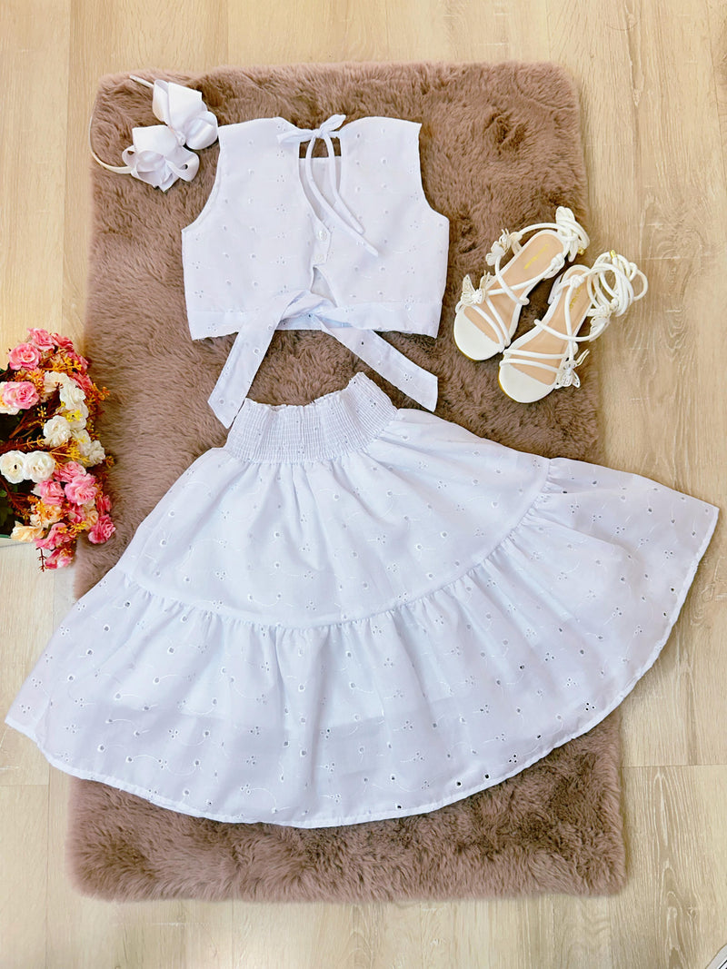 Conjunto Meninas Branco Cropped e Saia Mid Bordado Luxo