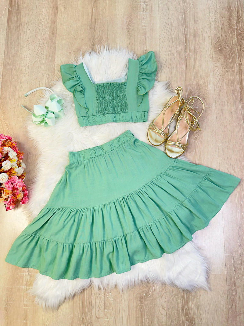 Conjunto Meninas Verde Cropped e Saia Mid Luxo