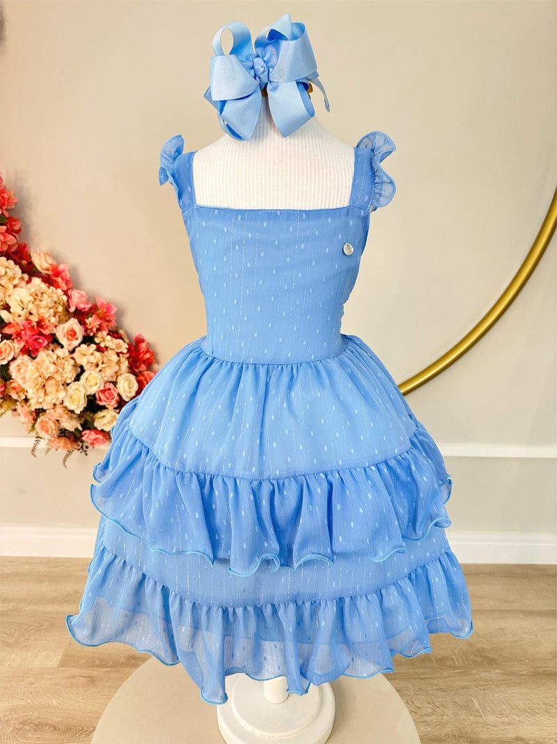 Vestido Infantil Primavera Verão Azul Celeste Saia C/ Babado