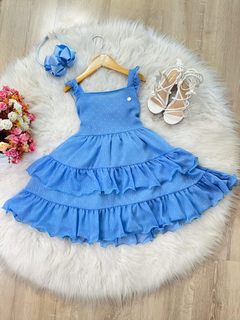 Vestido Infantil Primavera Verão Azul Celeste Saia C/ Babado