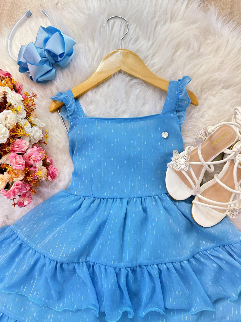 Vestido Infantil Primavera Verão Azul Celeste Saia C/ Babado