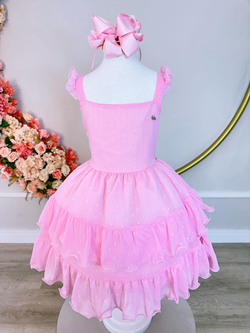 Vestido Infantil Primavera Verão Rosa Bebê Saia C/ Babado