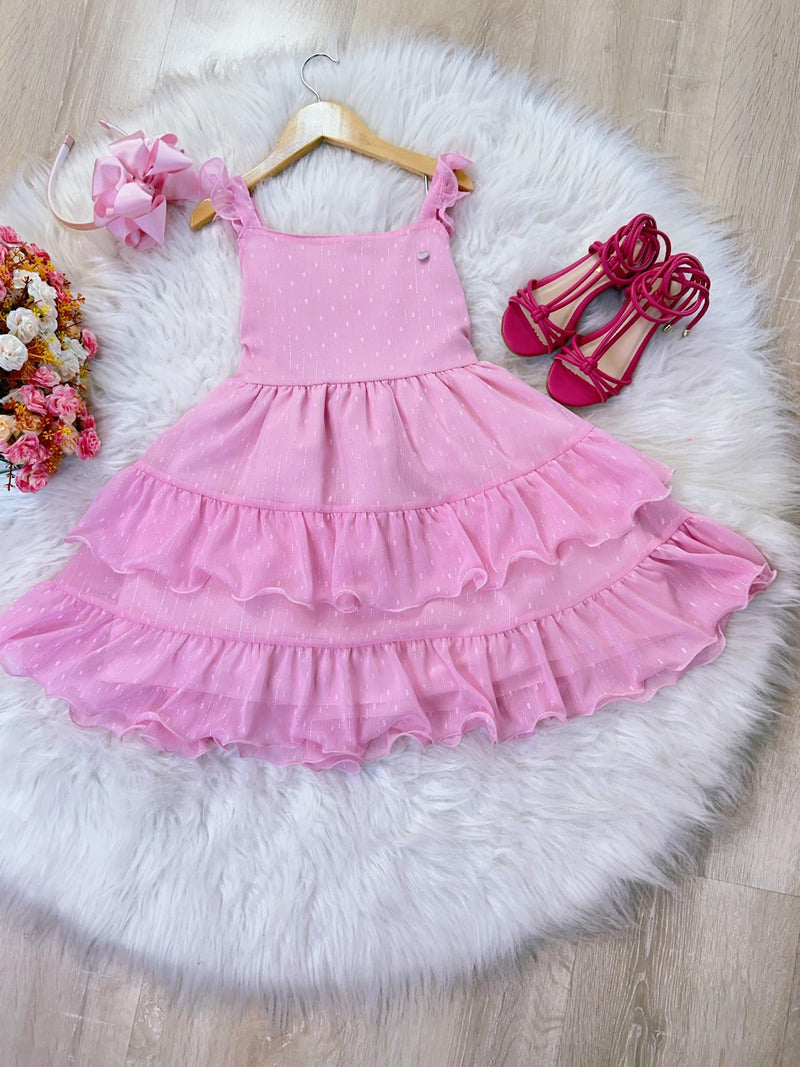 Vestido Infantil Primavera Verão Rosa Bebê Saia C/ Babado