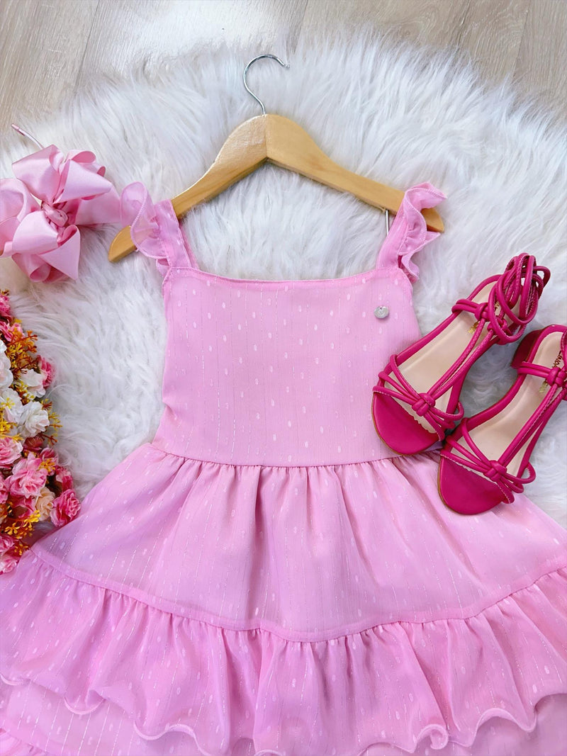 Vestido Infantil Primavera Verão Rosa Bebê Saia C/ Babado