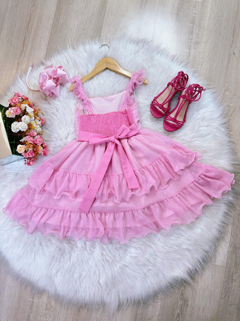 Vestido Infantil Primavera Verão Rosa Bebê Saia C/ Babado