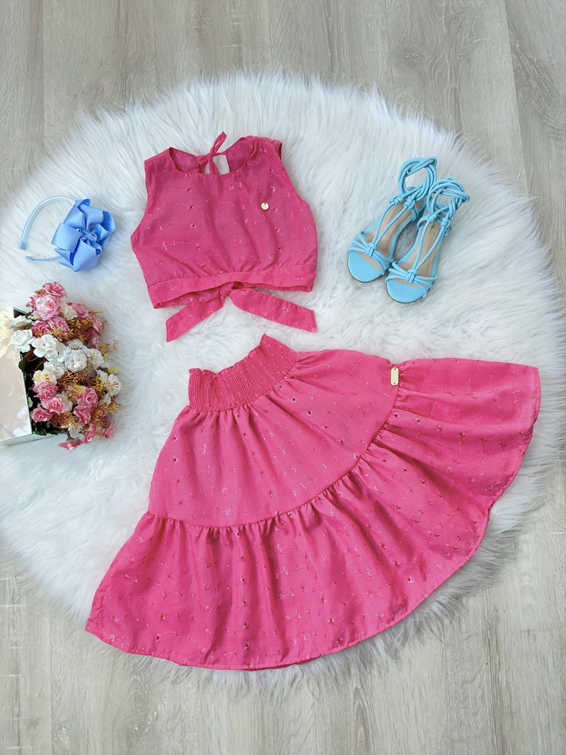 Conjunto Meninas Cropped Rosa e Saia Mid Bordado Luxo