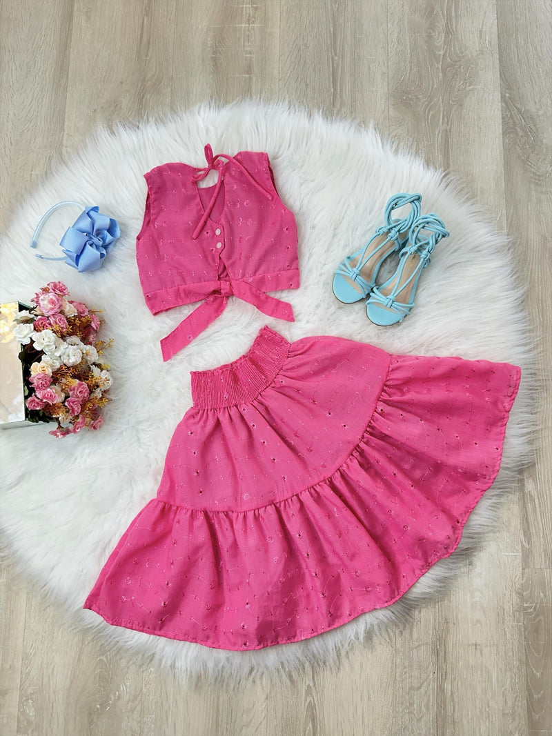 Conjunto Meninas Cropped Rosa e Saia Mid Bordado Luxo