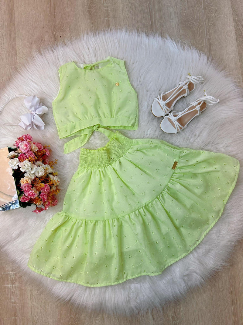 Conjunto Meninas Verde Lima Cropped e Saia Mid Bordado Luxo