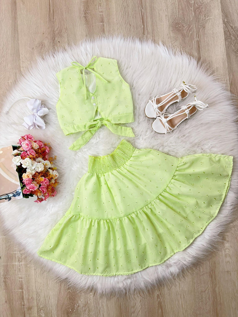 Conjunto Meninas Verde Lima Cropped e Saia Mid Bordado Luxo