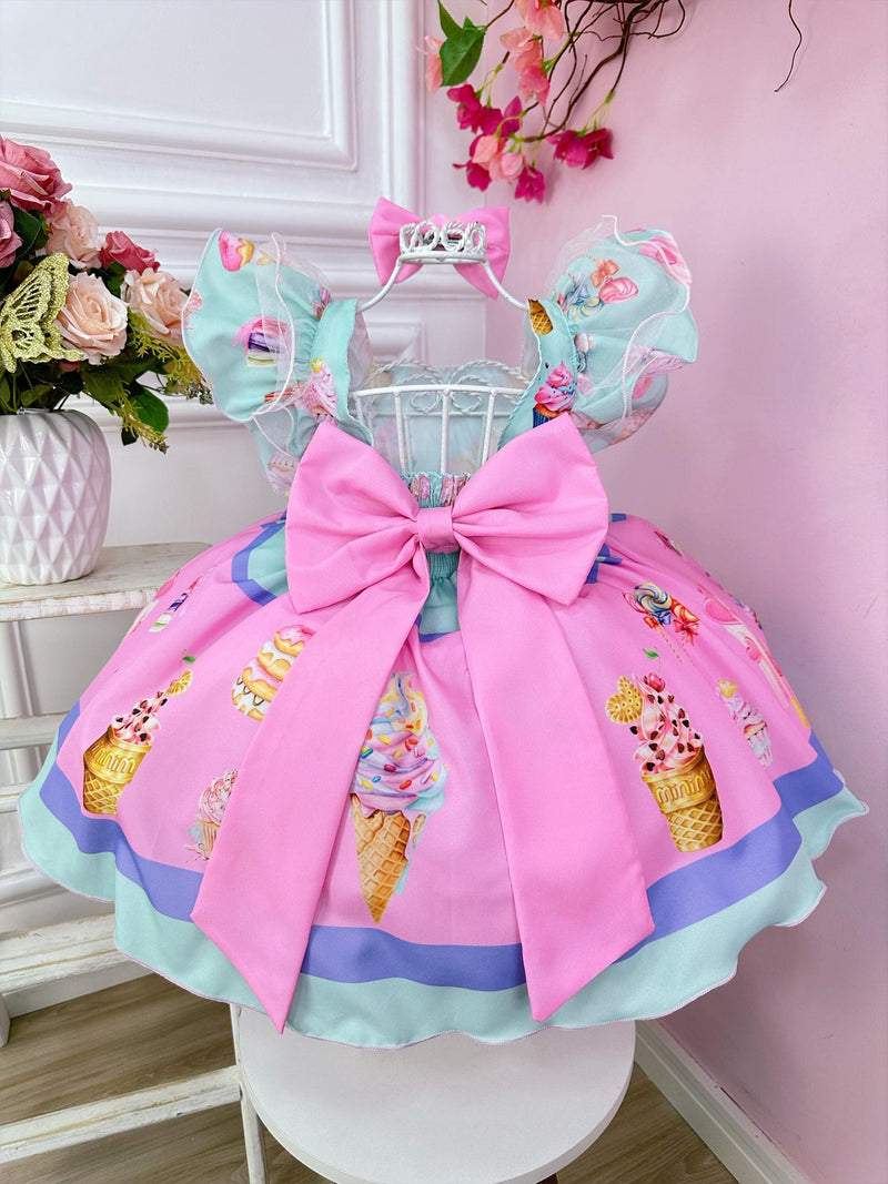 Vestido Infantil Verde Confeitaria de Doces Com Laço