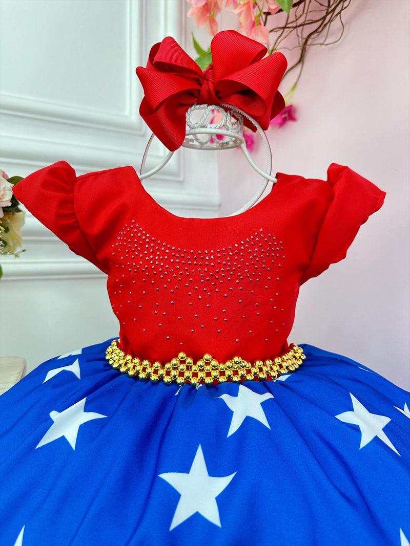 Vestido Infantil Mulher Maravilha C/ Cinto de Pérolas Festas