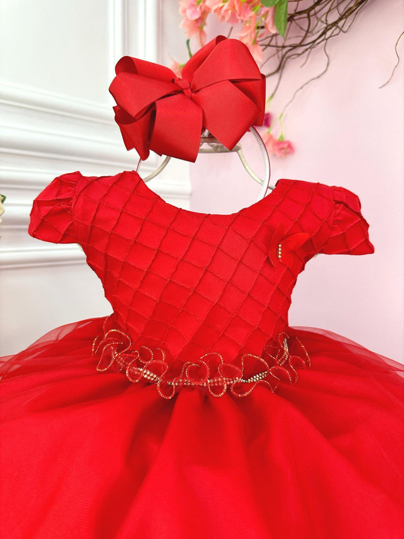 Vestido Infantil Vermelho Busto Nervura Flores Strass Natal (1242VM)