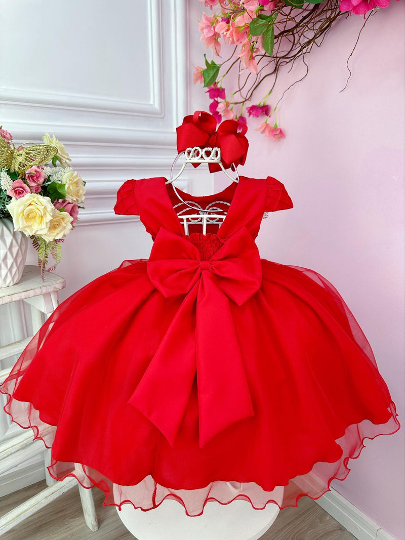 Vestido Infantil Vermelho Busto Nervura Flores Strass Natal (1242VM)