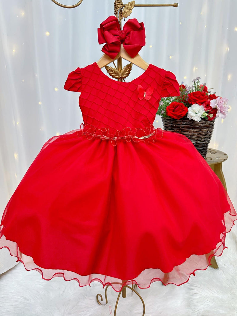 Vestido Infantil Vermelho Busto Nervura Flores Strass Natal (1242VM)