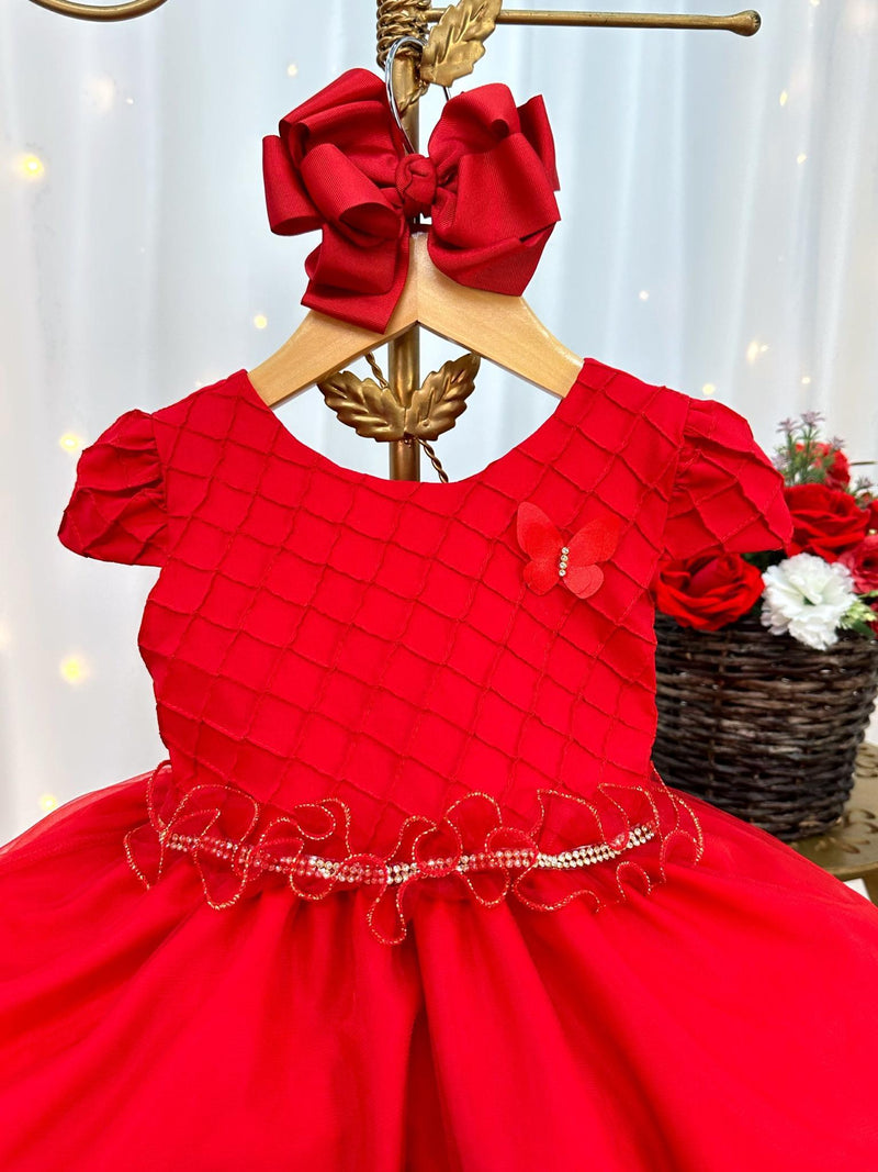 Vestido Infantil Vermelho Busto Nervura Flores Strass Natal (1242VM)