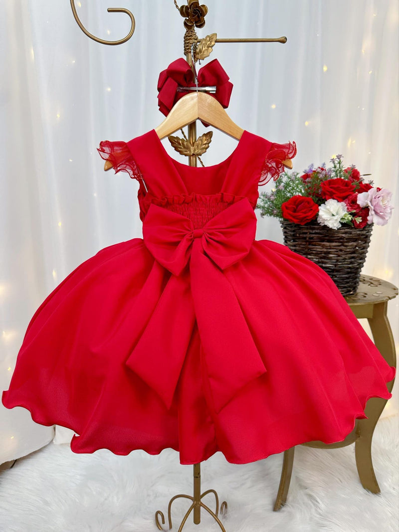 Vestido Infantil Vermelho Busto Nervura Flores Strass Natal (1242VM)