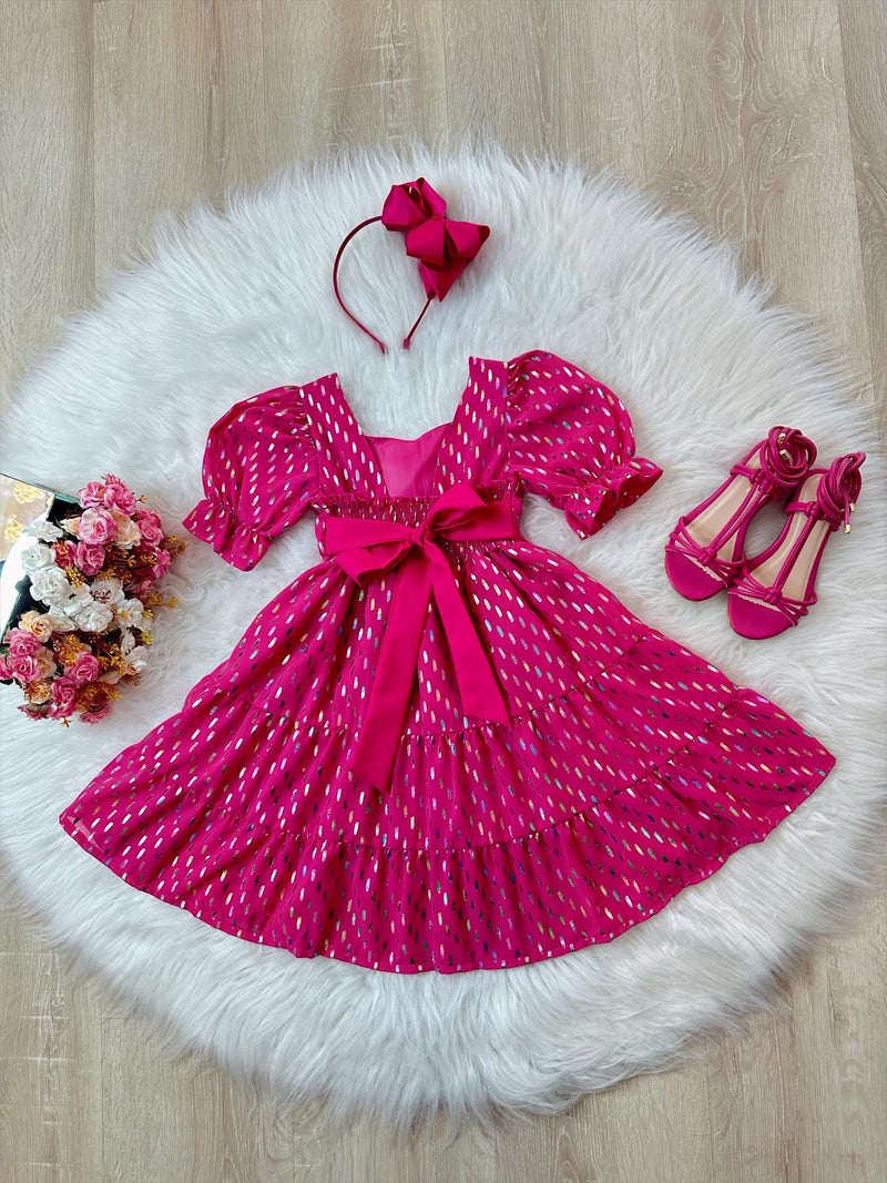 Vestido Infantil Primavera Verão Rosa C/ Riscos Coloridos