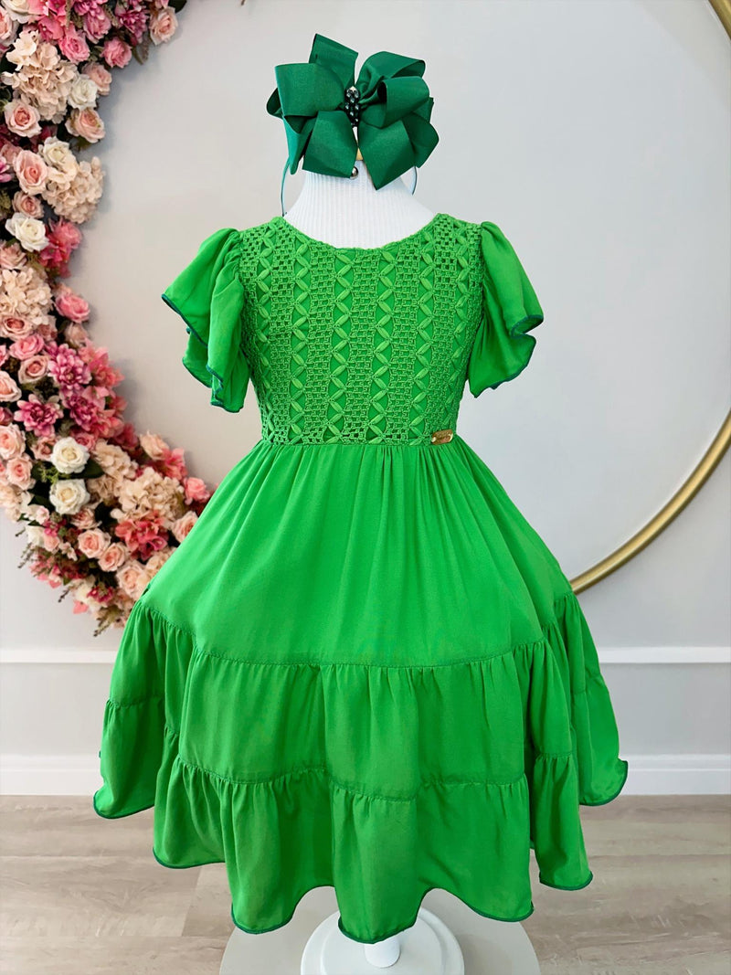 Vestido Infantil Primavera Verão Verde Bandeira C/ Bordado