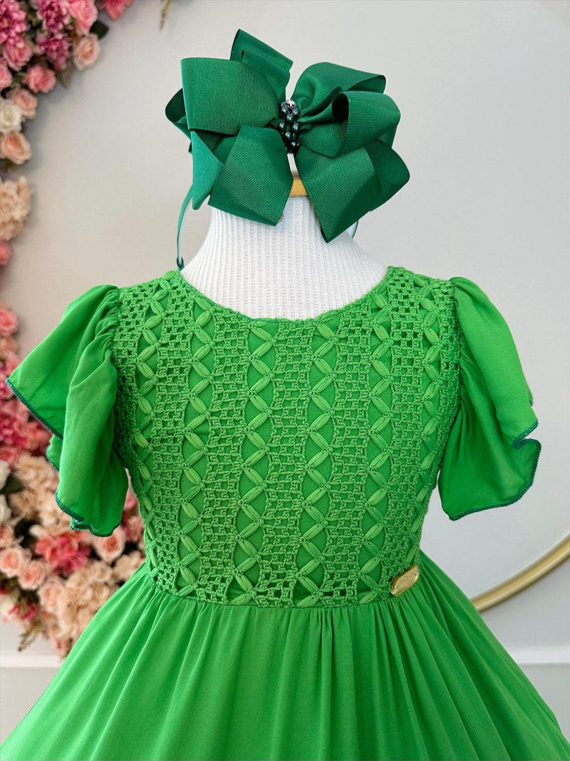 Vestido Infantil Primavera Verão Verde Bandeira C/ Bordado