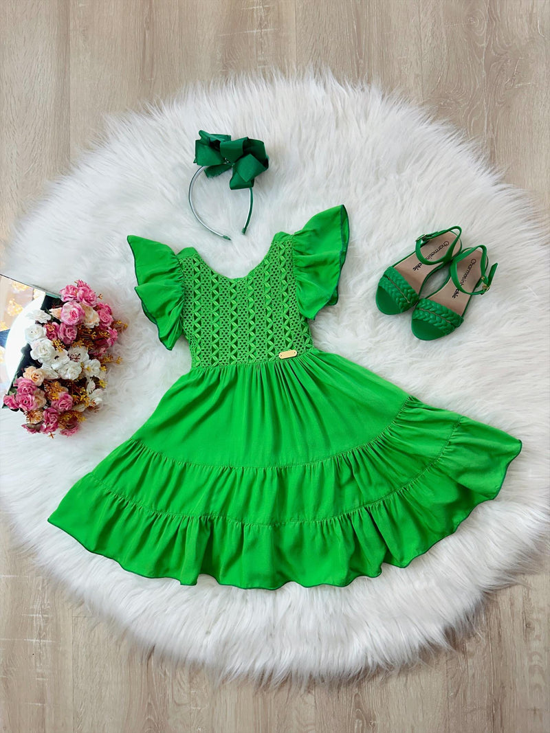 Vestido Infantil Primavera Verão Verde Bandeira C/ Bordado