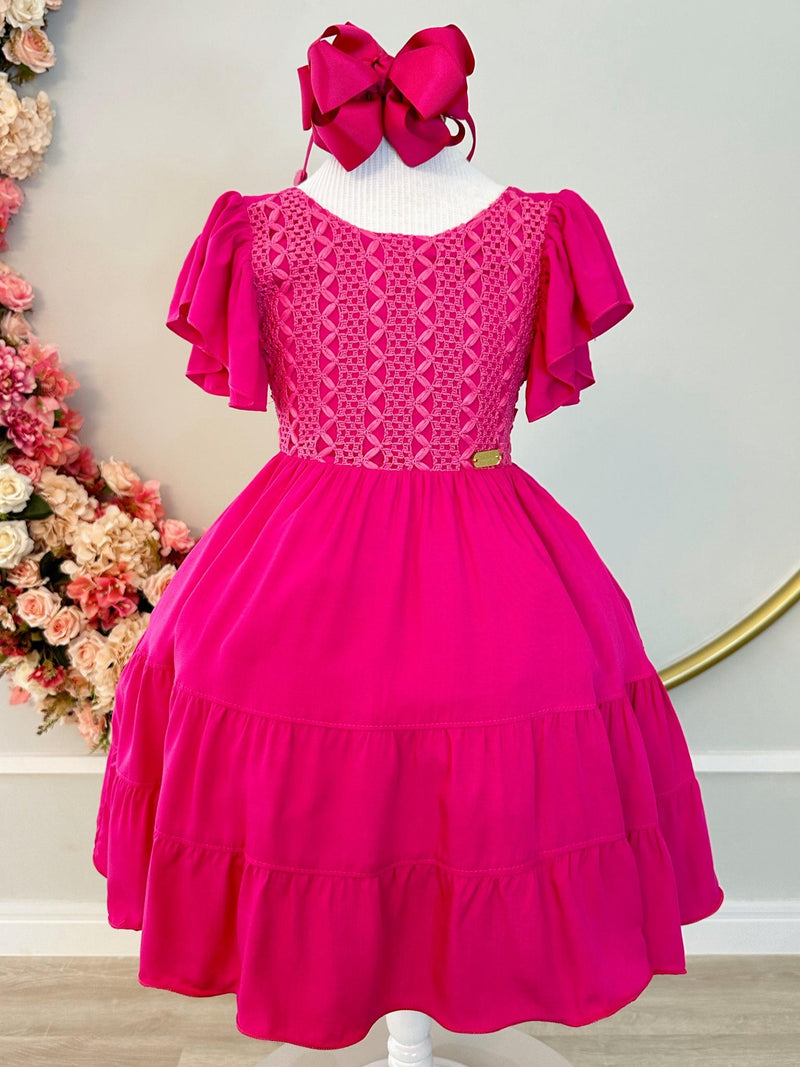 Vestido Infantil Primavera Verão Rosa C/ Busto Bordado Luxo