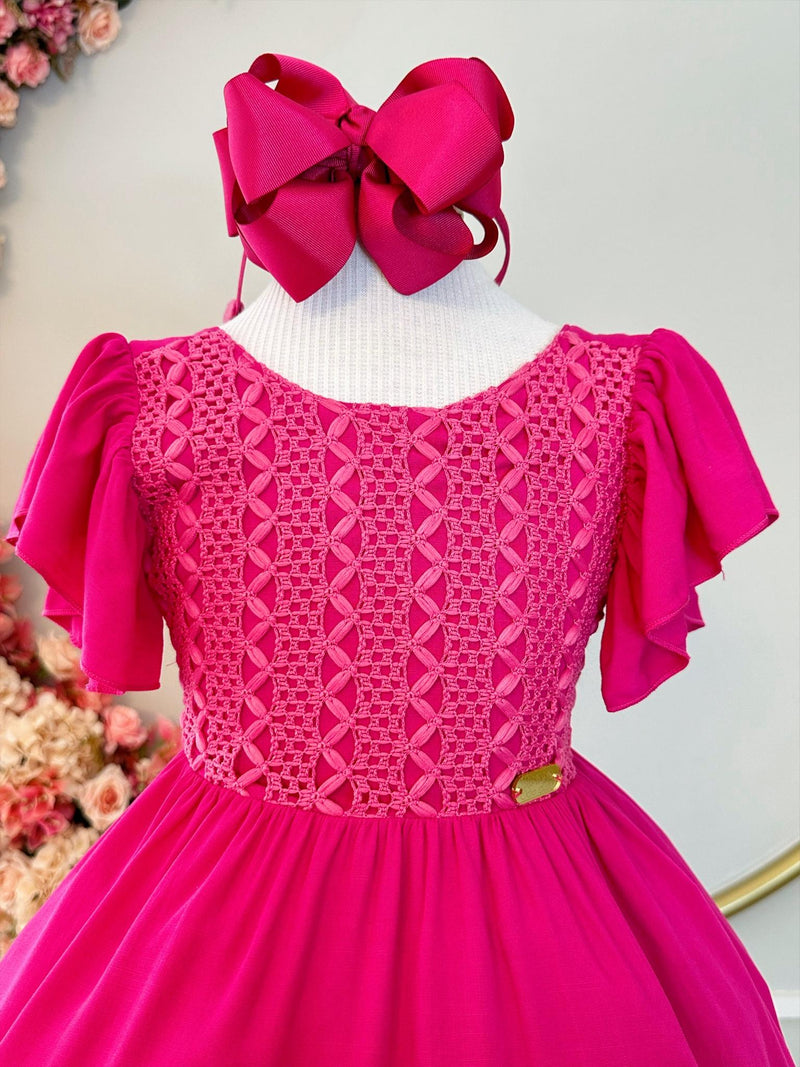 Vestido Infantil Primavera Verão Rosa C/ Busto Bordado Luxo