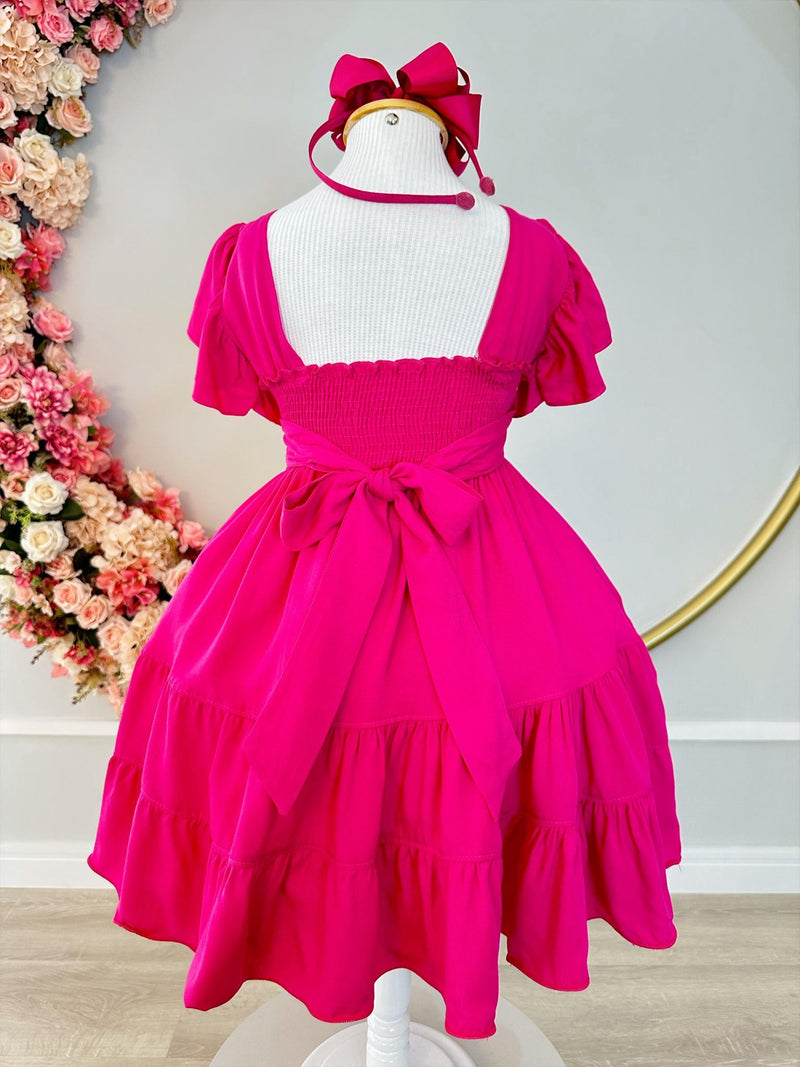 Vestido Infantil Primavera Verão Rosa C/ Busto Bordado Luxo