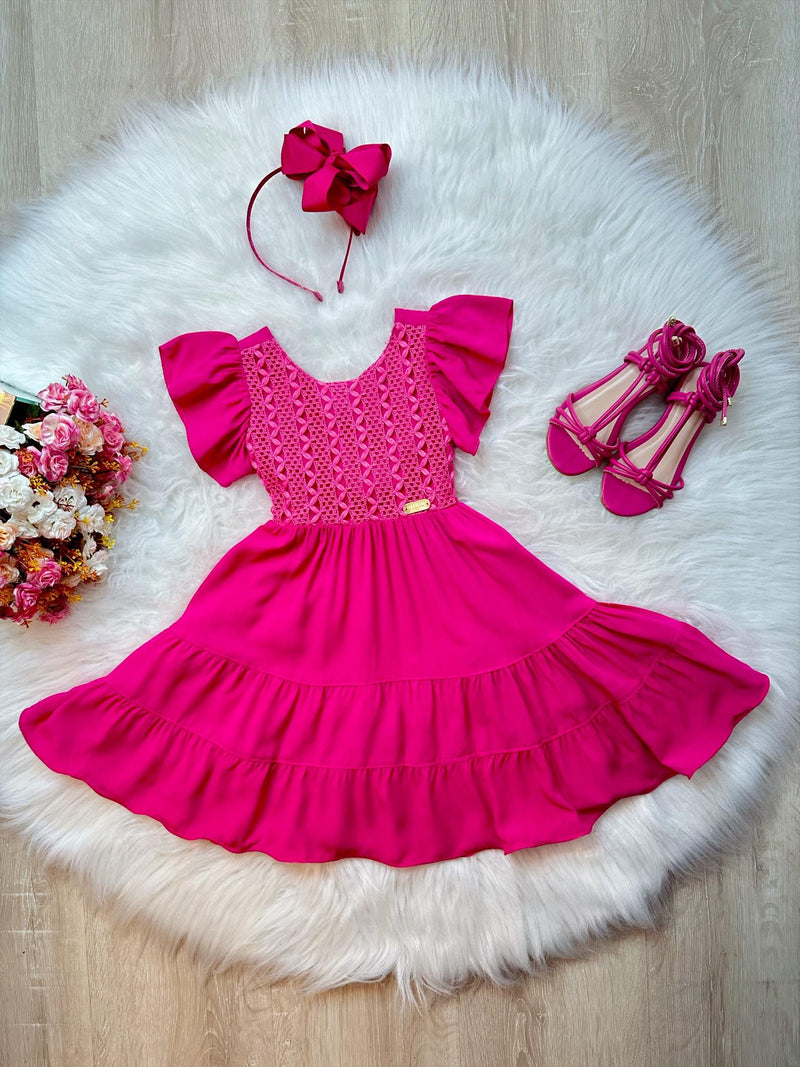 Vestido Infantil Primavera Verão Rosa C/ Busto Bordado Luxo