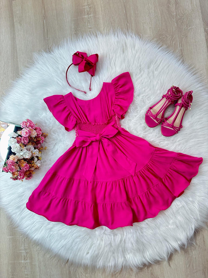 Vestido Infantil Primavera Verão Rosa C/ Busto Bordado Luxo