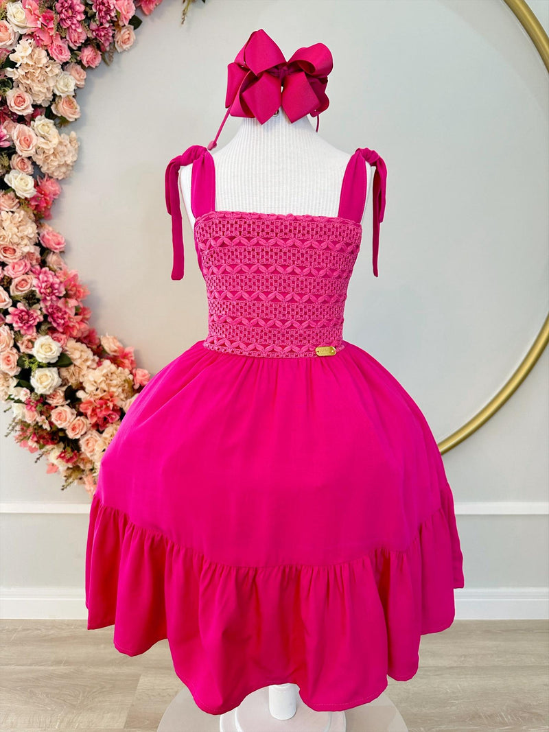 Vestido Infantil Primavera Verão Rosa de Alça e Busto Bordado