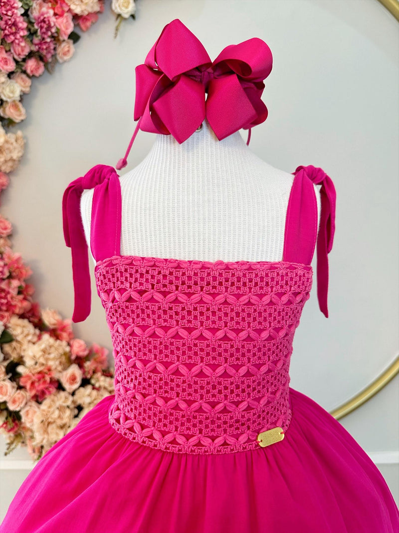 Vestido Infantil Primavera Verão Rosa de Alça e Busto Bordado