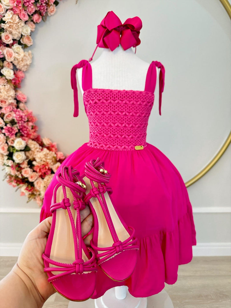 Vestido Infantil Primavera Verão Rosa de Alça e Busto Bordado