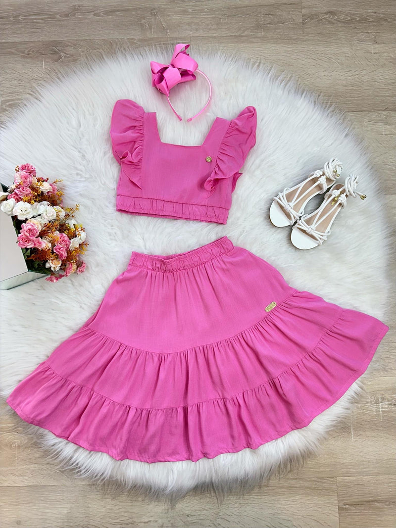 Conjunto Meninas Rosa Chiclete Cropped e Saia Mid Bordado Luxo