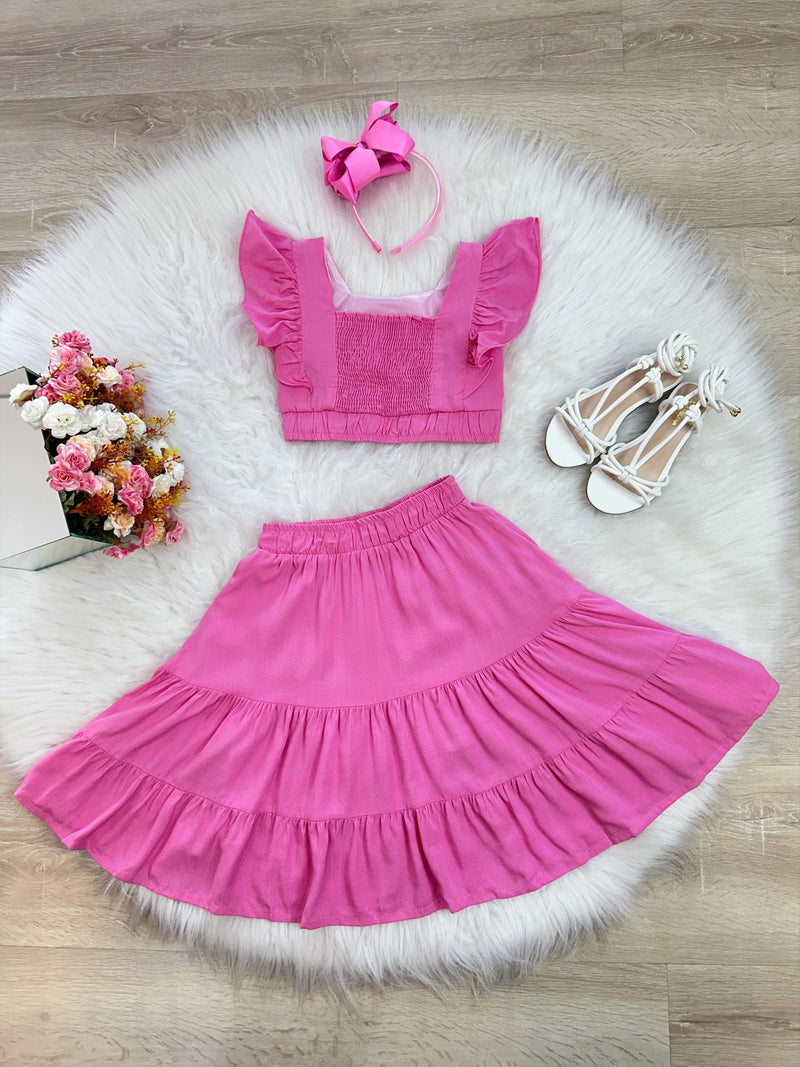 Conjunto Meninas Rosa Chiclete Cropped e Saia Mid Bordado Luxo