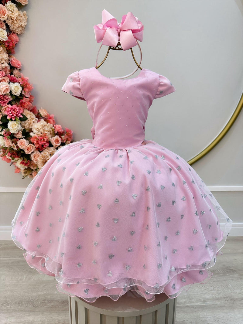 Vestido Infantil Rosa Busto C/ Strass Saia Organza Glitter