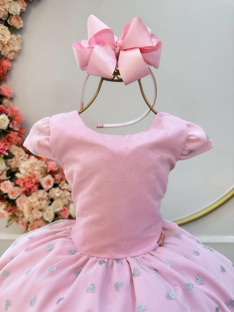 Vestido Infantil Rosa Busto C/ Strass Saia Organza Glitter