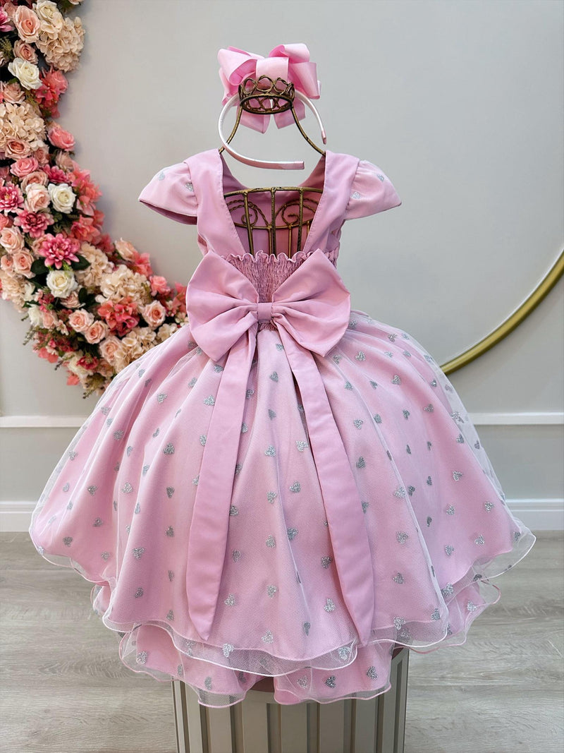 Vestido Infantil Rosa Busto C/ Strass Saia Organza Glitter