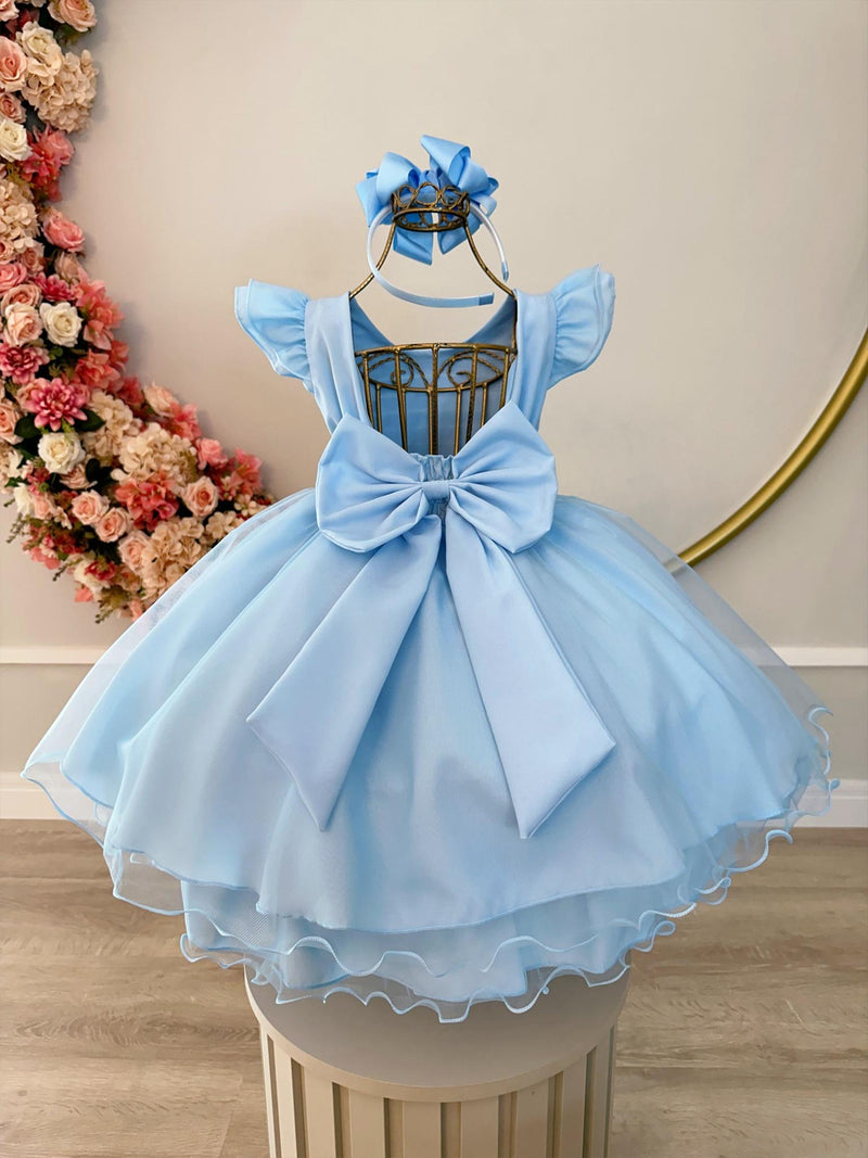 Vestido Infantil Azul Bebê Busto Plissado C/ Pérolas Festas