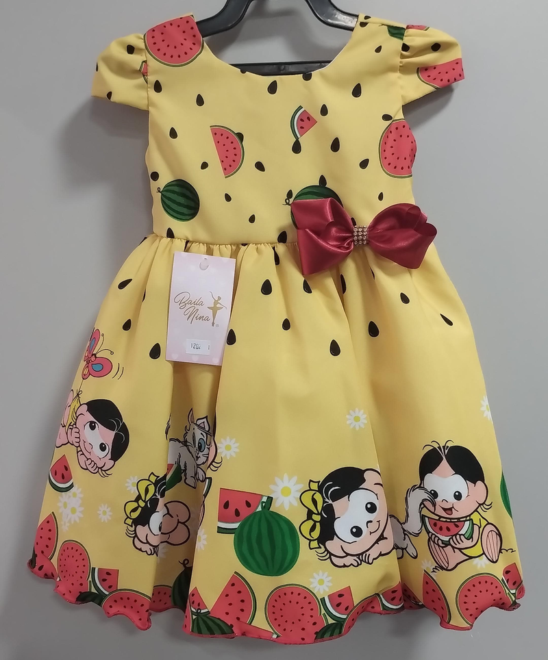 Vestido Infantil Magali Baby Amarelo Melancia C/ Broche Laço