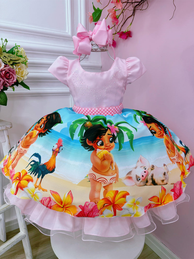 Vestido Infantil Moana Baby Rosa Strass C/ Cinto de Pérolas