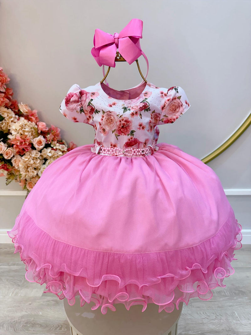 Vestido Infantil Branco Florido Strass e Saia Rosa Luxo