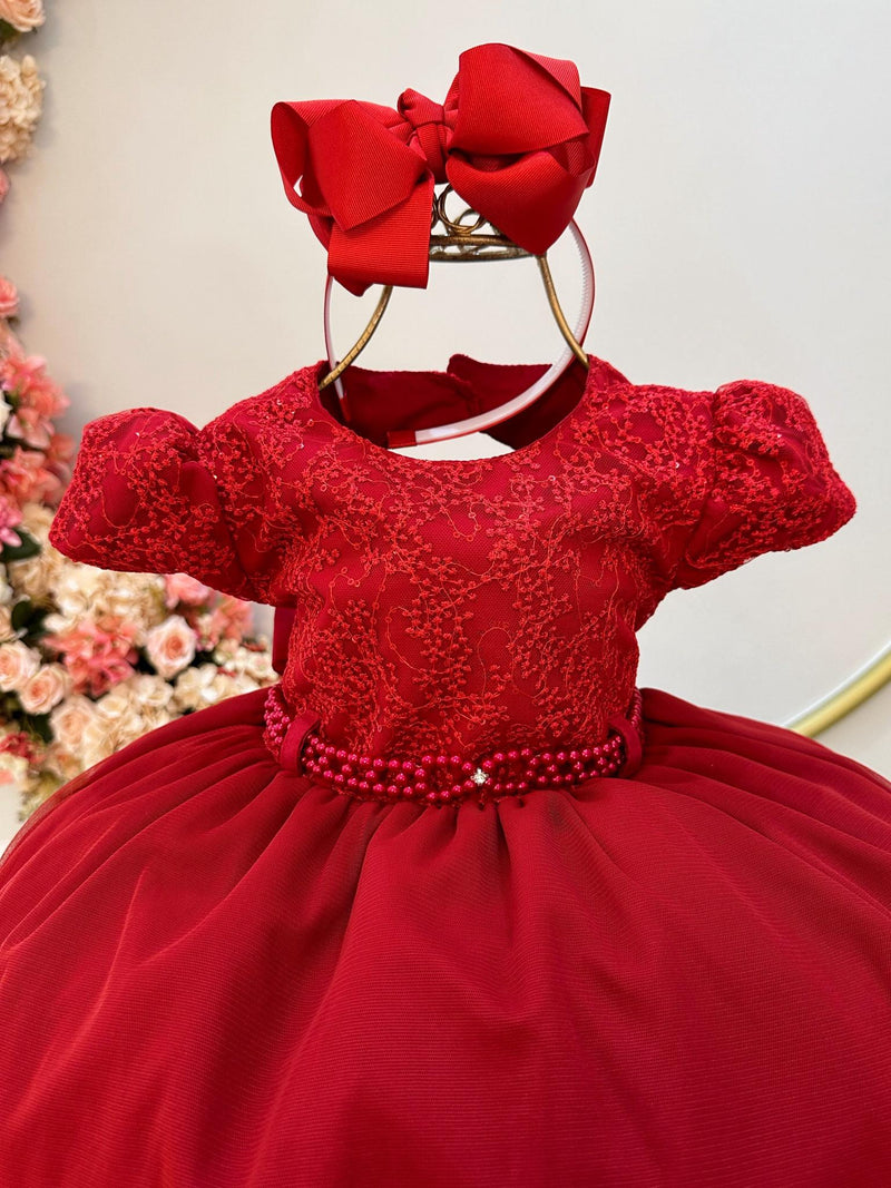 Vestido Infantil Vermelho Bordado e Cinto de Pérolas Luxo