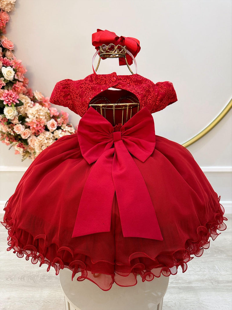 Vestido Infantil Vermelho Bordado e Cinto de Pérolas Luxo