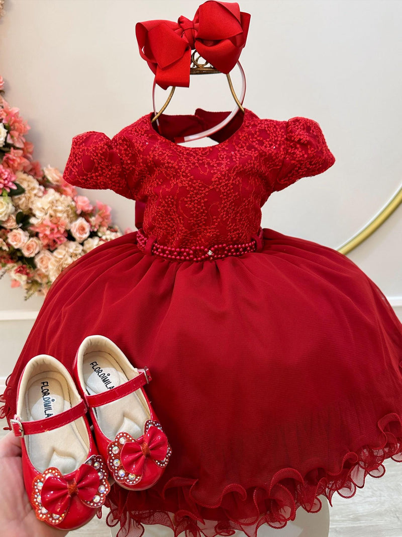 Vestido Infantil Vermelho Bordado e Cinto de Pérolas Luxo