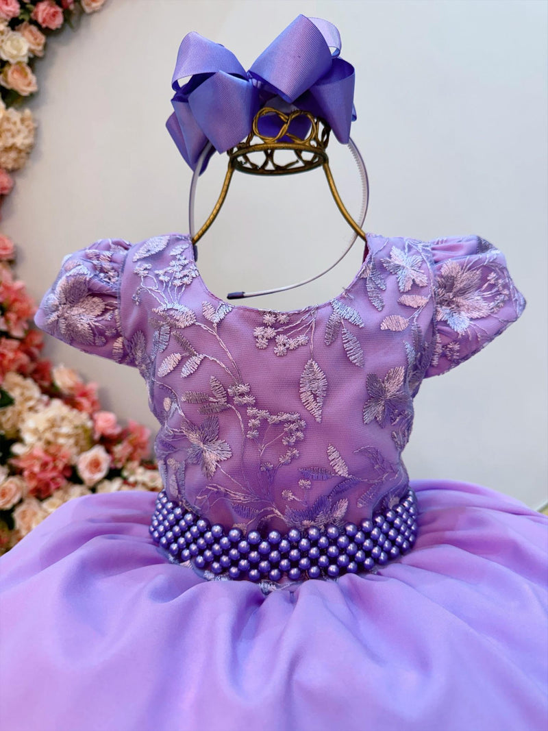 Vestido Infantil Lilás Busto Bordado e Cinto de Pérolas