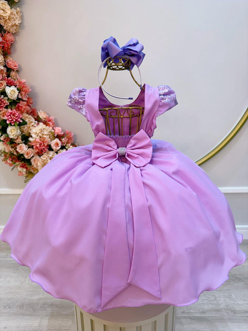 Vestido Infantil Lilás Busto Bordado e Cinto de Pérolas